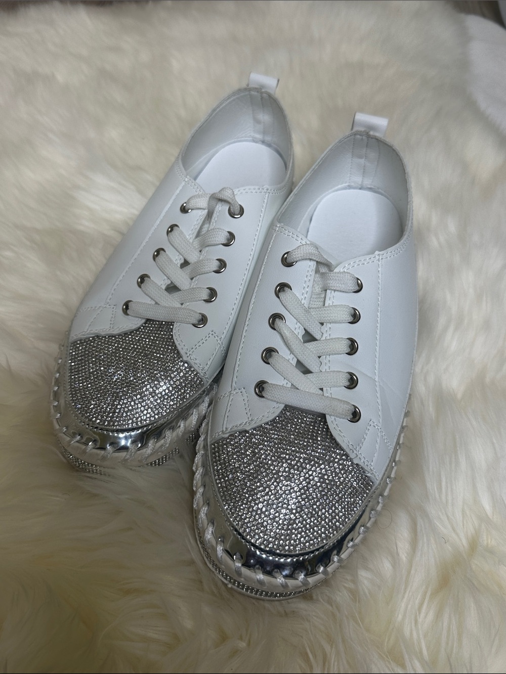 White Women's Rhinestone Toe Lace-Up Sneakers, 9.5